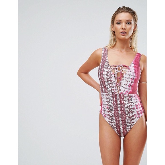 ASOS Snake Print Tie Dye Lace Up Plunge Swimsuit - Picture 3 of 8